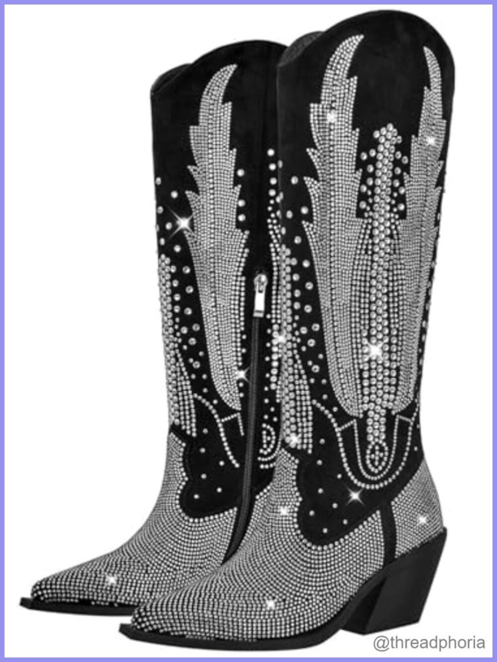 Knee High Cowboy Boots Women Rhinestone Bling Pointed Toe Chunky Heel Pull On